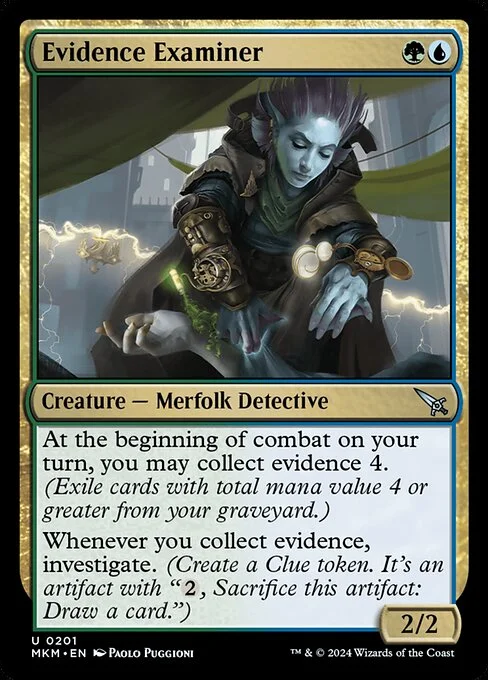 Evidence Examiner, carta Magic di tipo Creature — Merfolk Detective illustrata da Paolo Puggioni