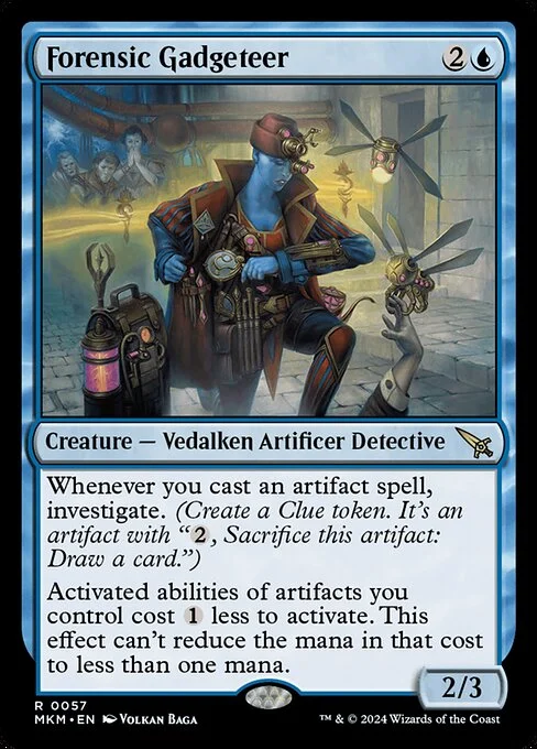 Forensic Gadgeteer, carta Magic di tipo Creature — Vedalken Artificer Detective illustrata da Volkan Baǵa