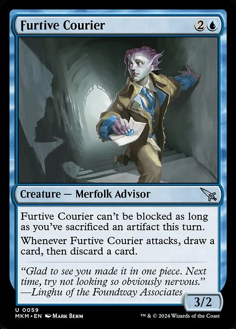 Furtive Courier, carta Magic di tipo Creature — Merfolk Advisor illustrata da Mark Behm