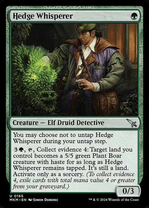 Hedge Whisperer, carta Magic di tipo Creature — Elf Druid Detective illustrata da Simon Dominic