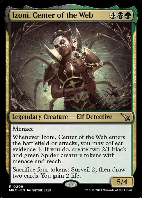 Izoni, Center of the Web, carta Magic di tipo Legendary Creature — Elf Detective illustrata da Justine Cruz