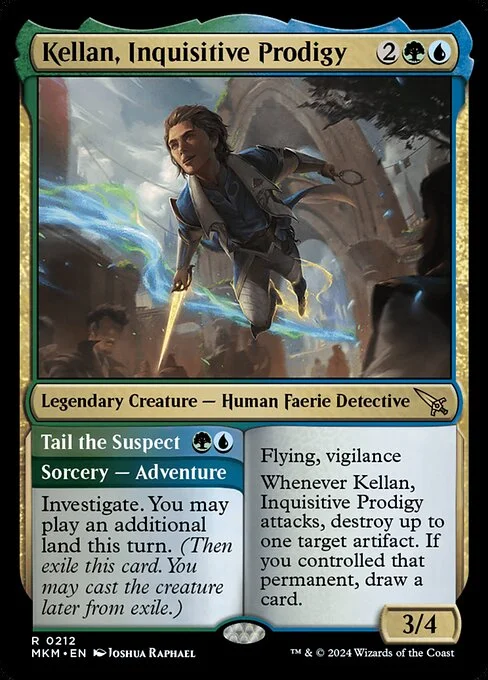 Kellan, Inquisitive Prodigy // Tail the Suspect, carta Magic di tipo Legendary Creature — Human Faerie Detective // Sorcery — Adventure illustrata da Joshua Raphael