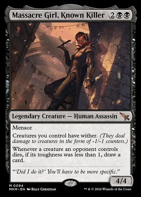 Massacre Girl, Known Killer, carta Magic di tipo Legendary Creature — Human Assassin illustrata da Billy Christian