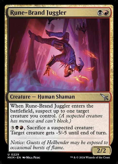 Rune-Brand Juggler, carta Magic di tipo Creature — Human Shaman illustrata da Mila Pesic