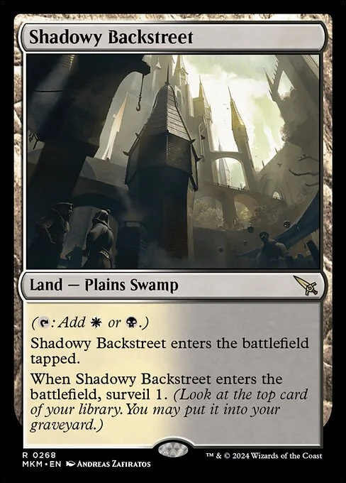Shadowy Backstreet, carta Magic di tipo Land — Plains Swamp illustrata da Andreas Zafiratos