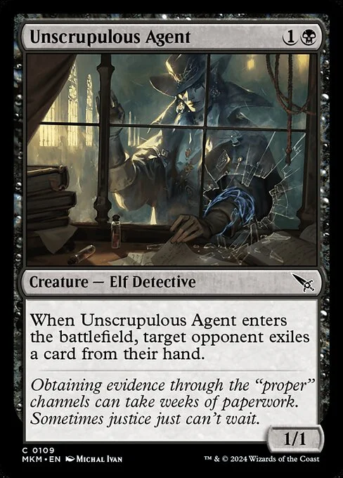 Unscrupulous Agent, carta Magic di tipo Creature — Elf Detective illustrata da Michal Ivan