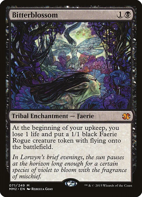 Bitterblossom, carta Magic di tipo Kindred Enchantment — Faerie illustrata da Rebecca Guay