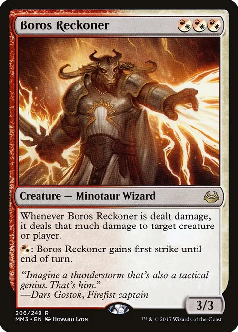 Boros Reckoner, carta Magic di tipo Creature — Minotaur Wizard illustrata da Howard Lyon