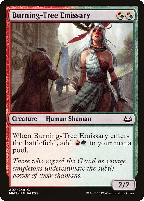 Burning-Tree Emissary, carta Magic di tipo Creature — Human Shaman illustrata da Izzy