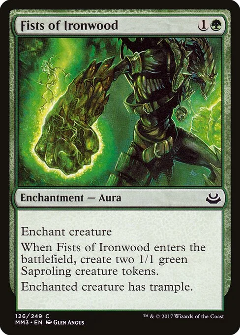Fists of Ironwood, carta Magic di tipo Enchantment — Aura illustrata da Glen Angus