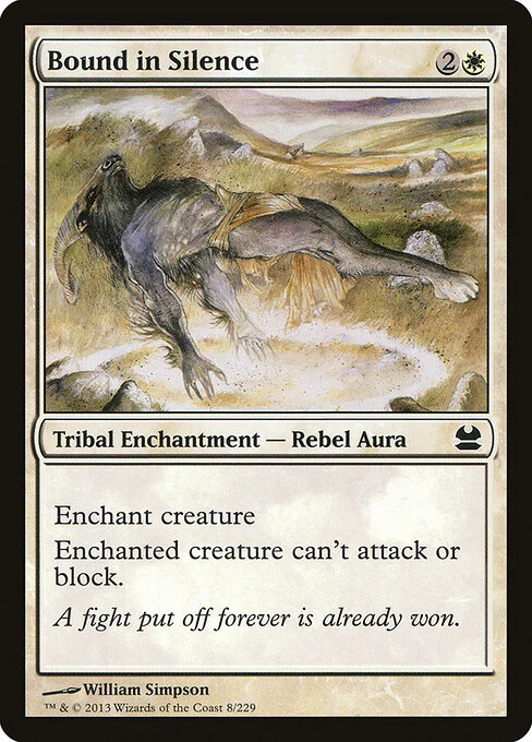 Bound in Silence, carta Magic di tipo Kindred Enchantment — Rebel Aura illustrata da William Simpson