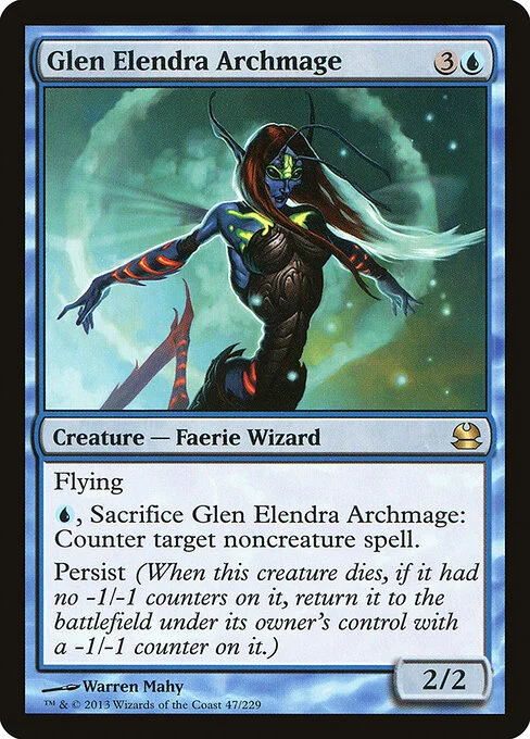 Glen Elendra Archmage, carta Magic di tipo Creature — Faerie Wizard illustrata da Warren Mahy