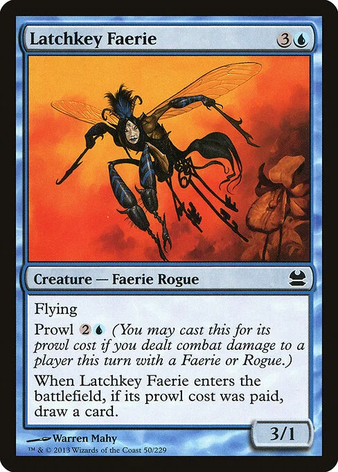 Latchkey Faerie, carta Magic di tipo Creature — Faerie Rogue illustrata da Warren Mahy