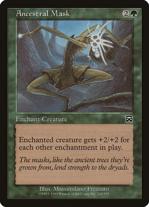 Ancestral Mask, carta Magic di tipo Enchantment — Aura illustrata da Massimiliano Frezzato