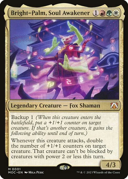 Bright-Palm, Soul Awakener, carta Magic di tipo Legendary Creature — Fox Shaman illustrata da Mila Pesic