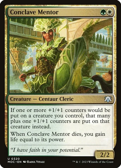 Conclave Mentor, carta Magic di tipo Creature — Centaur Cleric illustrata da Raoul Vitale