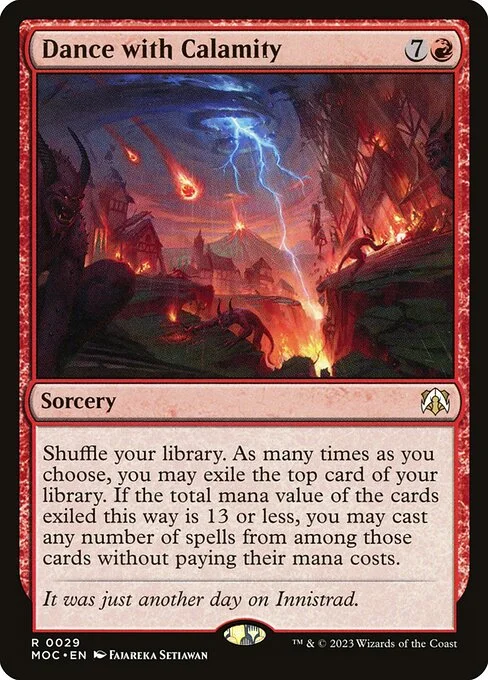 Dance with Calamity, carta Magic di tipo Sorcery illustrata da Fajareka Setiawan