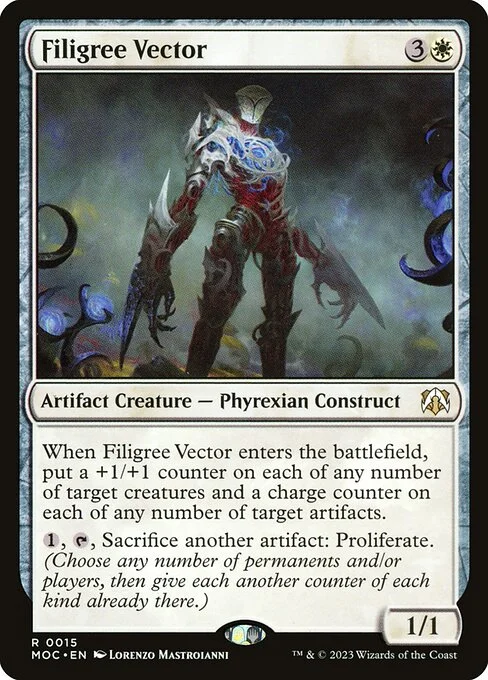 Filigree Vector, carta Magic di tipo Artifact Creature — Phyrexian Construct illustrata da Lorenzo Mastroianni