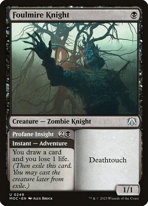 Foulmire Knight // Profane Insight, carta Magic di tipo Creature — Zombie Knight // Instant — Adventure illustrata da Alex Brock