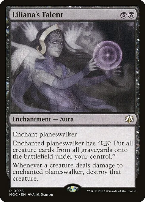 Liliana's Talent, carta Magic di tipo Enchantment — Aura illustrata da A. M. Sartor
