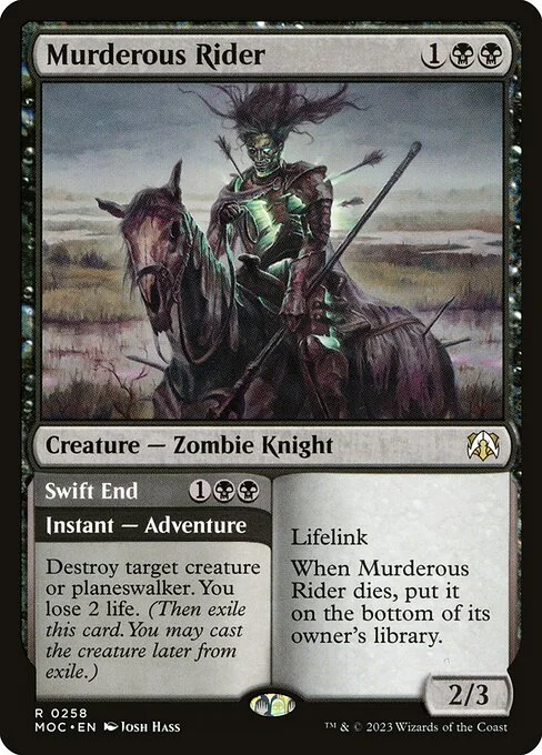 Murderous Rider // Swift End, carta Magic di tipo Creature — Zombie Knight // Instant — Adventure illustrata da Josh Hass