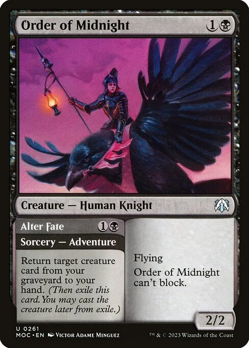 Order of Midnight // Alter Fate, carta Magic di tipo Creature — Human Knight // Sorcery — Adventure illustrata da Victor Adame Minguez