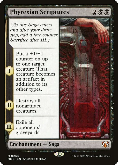 Phyrexian Scriptures, carta Magic di tipo Enchantment — Saga illustrata da Joseph Meehan