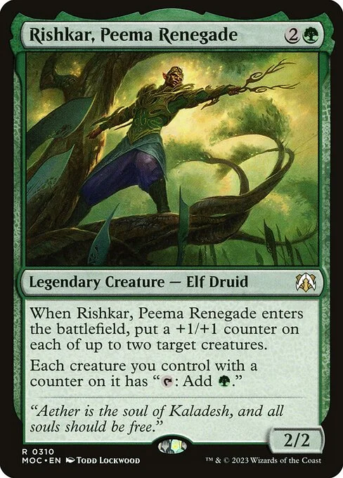 Rishkar, Peema Renegade, carta Magic di tipo Legendary Creature — Elf Druid illustrata da Todd Lockwood