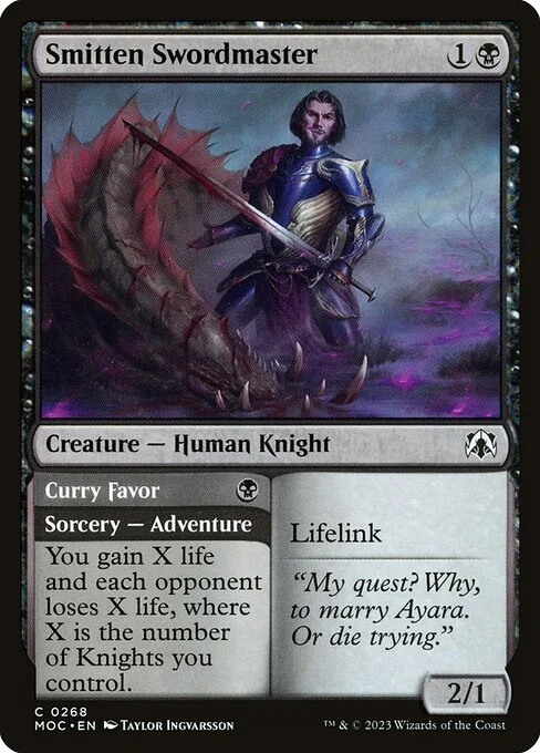 Smitten Swordmaster // Curry Favor, carta Magic di tipo Creature — Human Knight // Sorcery — Adventure illustrata da Taylor Ingvarsson