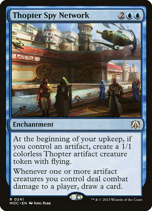 Thopter Spy Network, carta Magic di tipo Enchantment illustrata da Jung Park