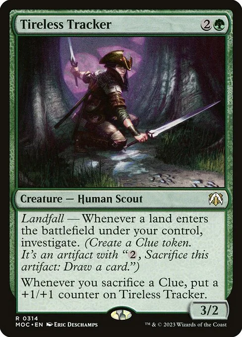 Tireless Tracker, carta Magic di tipo Creature — Human Scout illustrata da Eric Deschamps