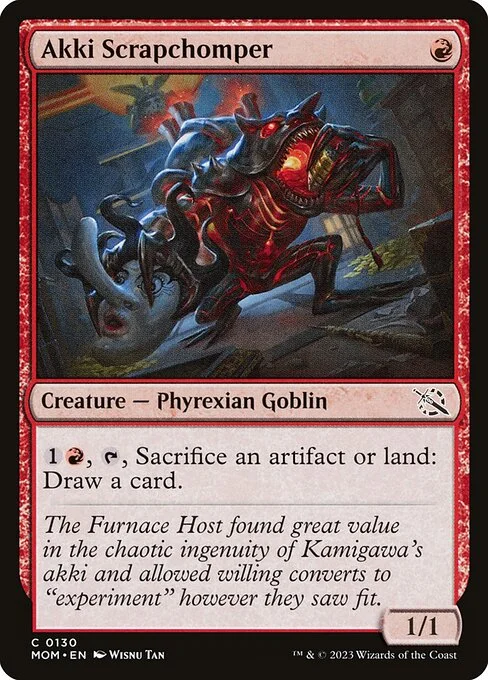 Akki Scrapchomper, carta Magic di tipo Creature — Phyrexian Goblin illustrata da Wisnu Tan