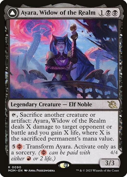 Ayara, Widow of the Realm // Ayara, Furnace Queen, carta Magic di tipo Legendary Creature — Elf Noble // Legendary Creature — Phyrexian Elf Noble illustrata da Anna Podedworna
