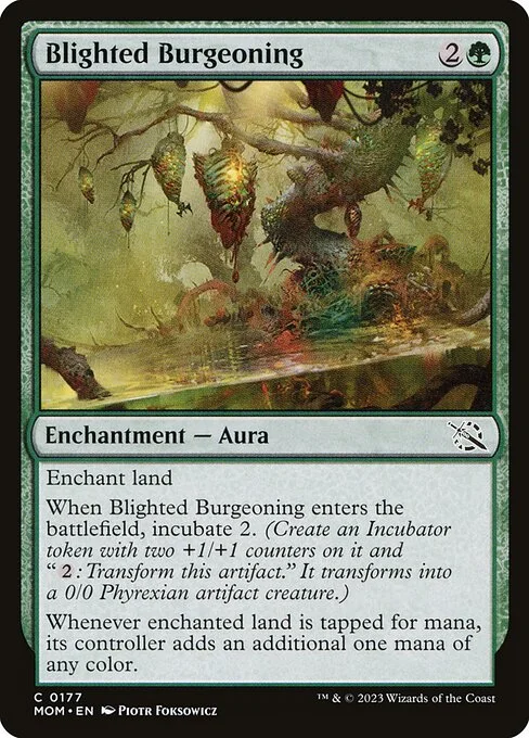 Blighted Burgeoning, carta Magic di tipo Enchantment — Aura illustrata da Piotr Foksowicz