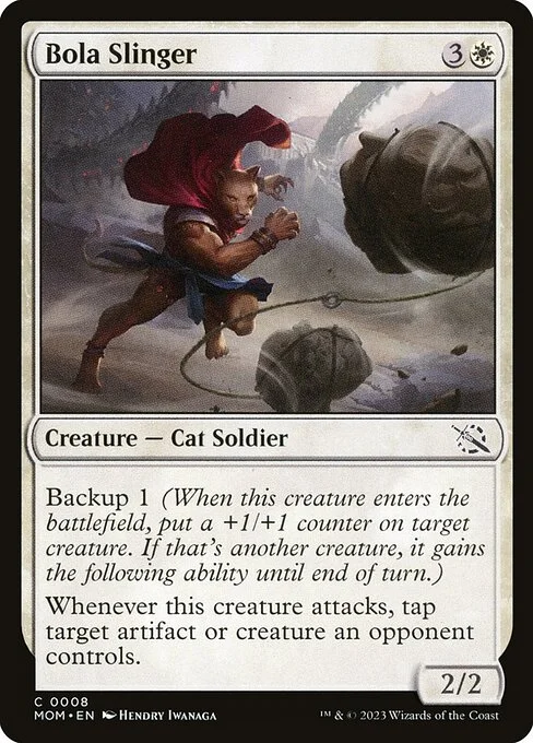 Bola Slinger, carta Magic di tipo Creature — Cat Soldier illustrata da Hendry Iwanaga