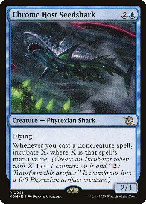 Chrome Host Seedshark, carta Magic di tipo Creature — Phyrexian Shark illustrata da Donato Giancola