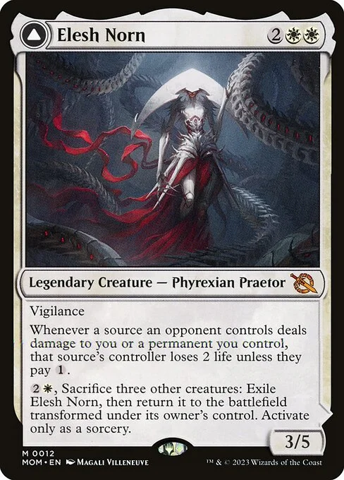 Elesh Norn // The Argent Etchings, carta Magic di tipo Legendary Creature — Phyrexian Praetor // Enchantment — Saga illustrata da Magali Villeneuve