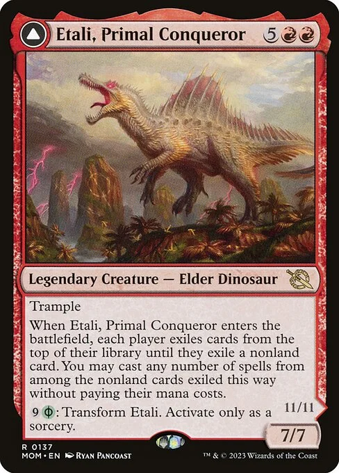 Etali, Primal Conqueror // Etali, Primal Sickness, carta Magic di tipo Legendary Creature — Elder Dinosaur // Legendary Creature — Phyrexian Elder Dinosaur illustrata da Ryan Pancoast