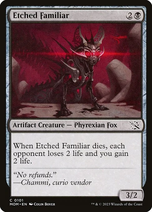 Etched Familiar, carta Magic di tipo Artifact Creature — Phyrexian Fox illustrata da Colin Boyer