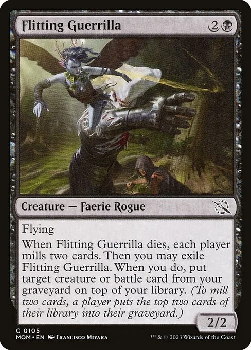 Flitting Guerrilla, carta Magic di tipo Creature — Faerie Rogue illustrata da Francisco Miyara