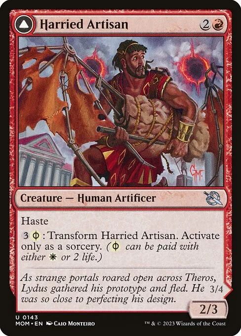 Harried Artisan // Phyrexian Skyflayer, carta Magic di tipo Creature — Human Artificer // Creature — Phyrexian Artificer illustrata da Caio Monteiro