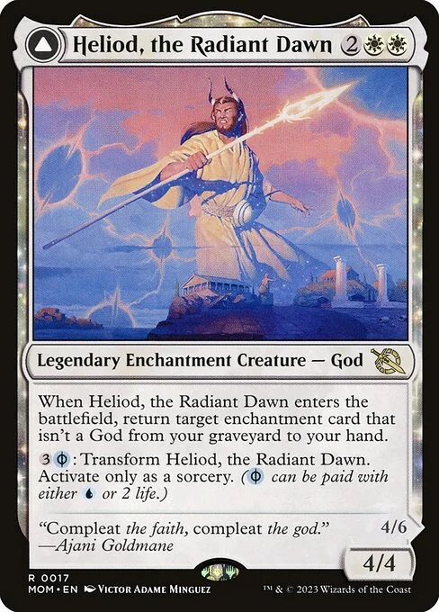 Heliod, the Radiant Dawn // Heliod, the Warped Eclipse, carta Magic di tipo Legendary Enchantment Creature — God // Legendary Enchantment Creature — Phyrexian God illustrata da Victor Adame Minguez
