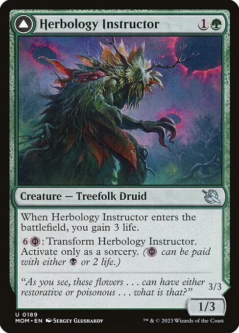 Herbology Instructor // Malady Invoker, carta Magic di tipo Creature — Treefolk Druid // Creature — Phyrexian Treefolk illustrata da Sergey Glushakov