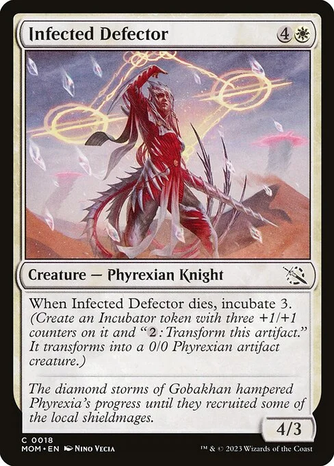 Infected Defector, carta Magic di tipo Creature — Phyrexian Knight illustrata da Nino Vecia