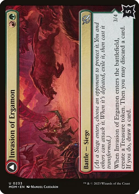 Invasion of Ergamon // Truga Cliffcharger, carta Magic di tipo Battle — Siege // Creature — Rhino illustrata da Manuel Castañón