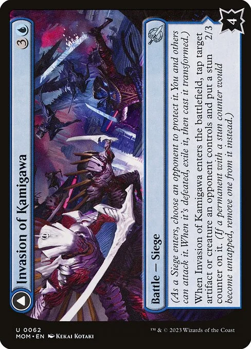 Invasion of Kamigawa // Rooftop Saboteurs, carta Magic di tipo Battle — Siege // Creature — Moonfolk Ninja illustrata da Kekai Kotaki