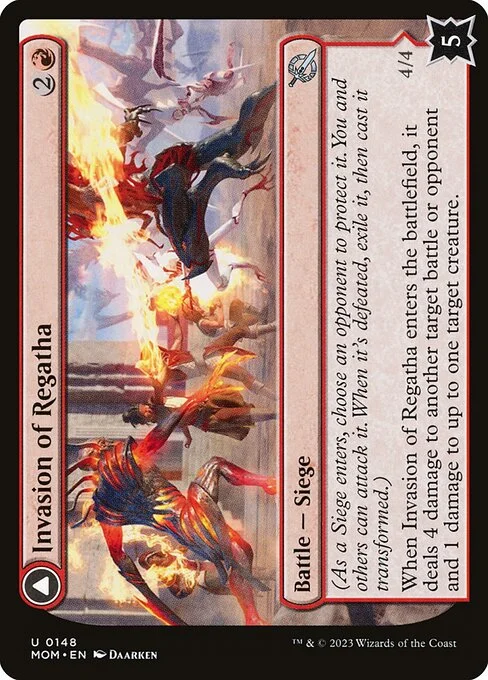 Invasion of Regatha // Disciples of the Inferno, carta Magic di tipo Battle — Siege // Creature — Human Monk illustrata da Daarken