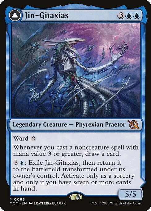 Jin-Gitaxias // The Great Synthesis, carta Magic di tipo Legendary Creature — Phyrexian Praetor // Enchantment — Saga illustrata da Ekaterina Burmak