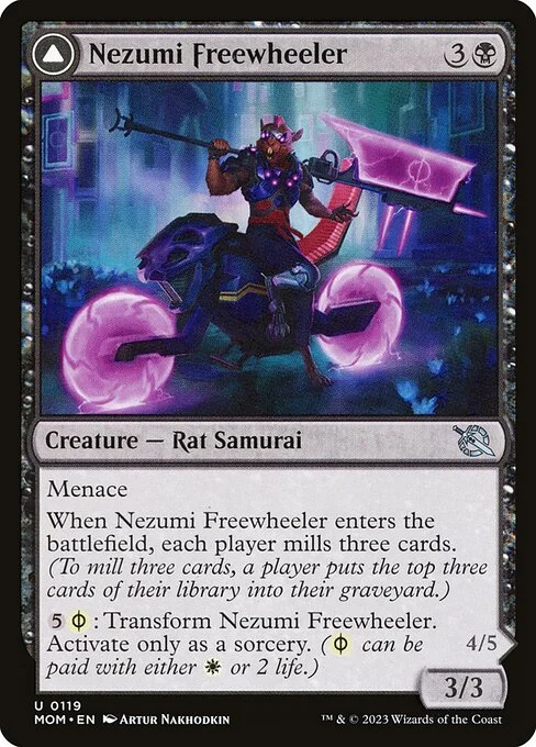 Nezumi Freewheeler // Hideous Fleshwheeler, carta Magic di tipo Creature — Rat Samurai // Creature — Phyrexian Rat illustrata da Artur Nakhodkin