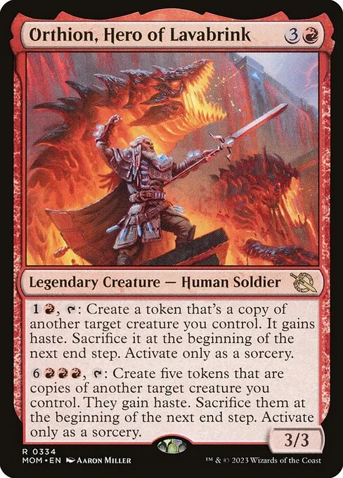 Orthion, Hero of Lavabrink, carta Magic di tipo Legendary Creature — Human Soldier illustrata da Aaron Miller